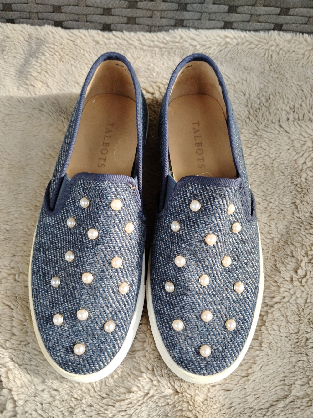 Talbots Embellished Pearls Denim Sneakers Slip-on Flats Preppy Sz 6.5 $129